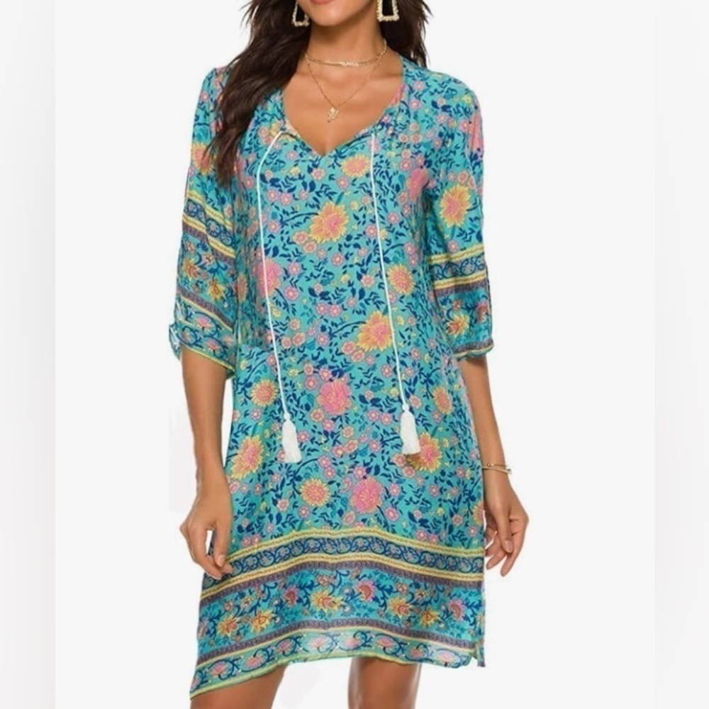 Halife Bohemian Lightweight Pullover Summer Sun Dress Coverup 3/4 Sleeve V-Neck